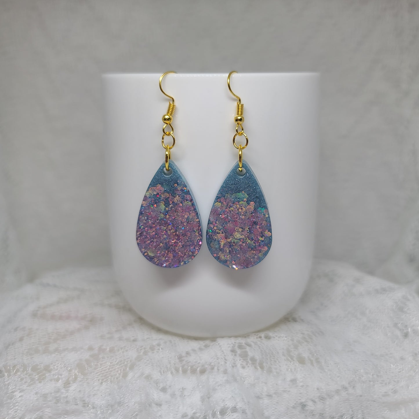 Blue & Iridescent Pink Teardrop Dangle Earrings