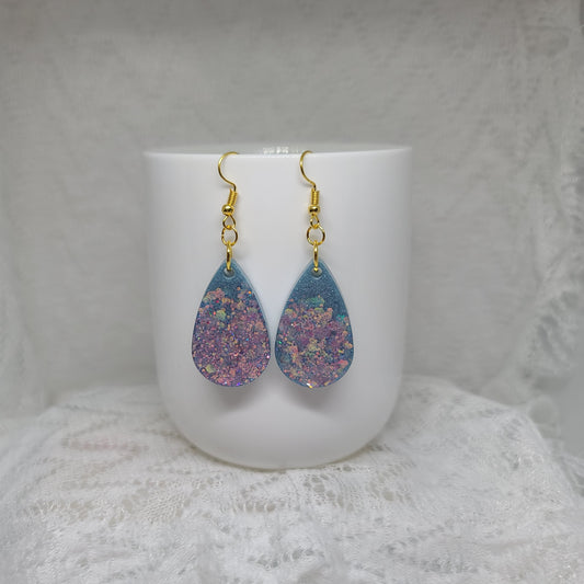 Blue & Iridescent Pink Teardrop Dangle Earrings