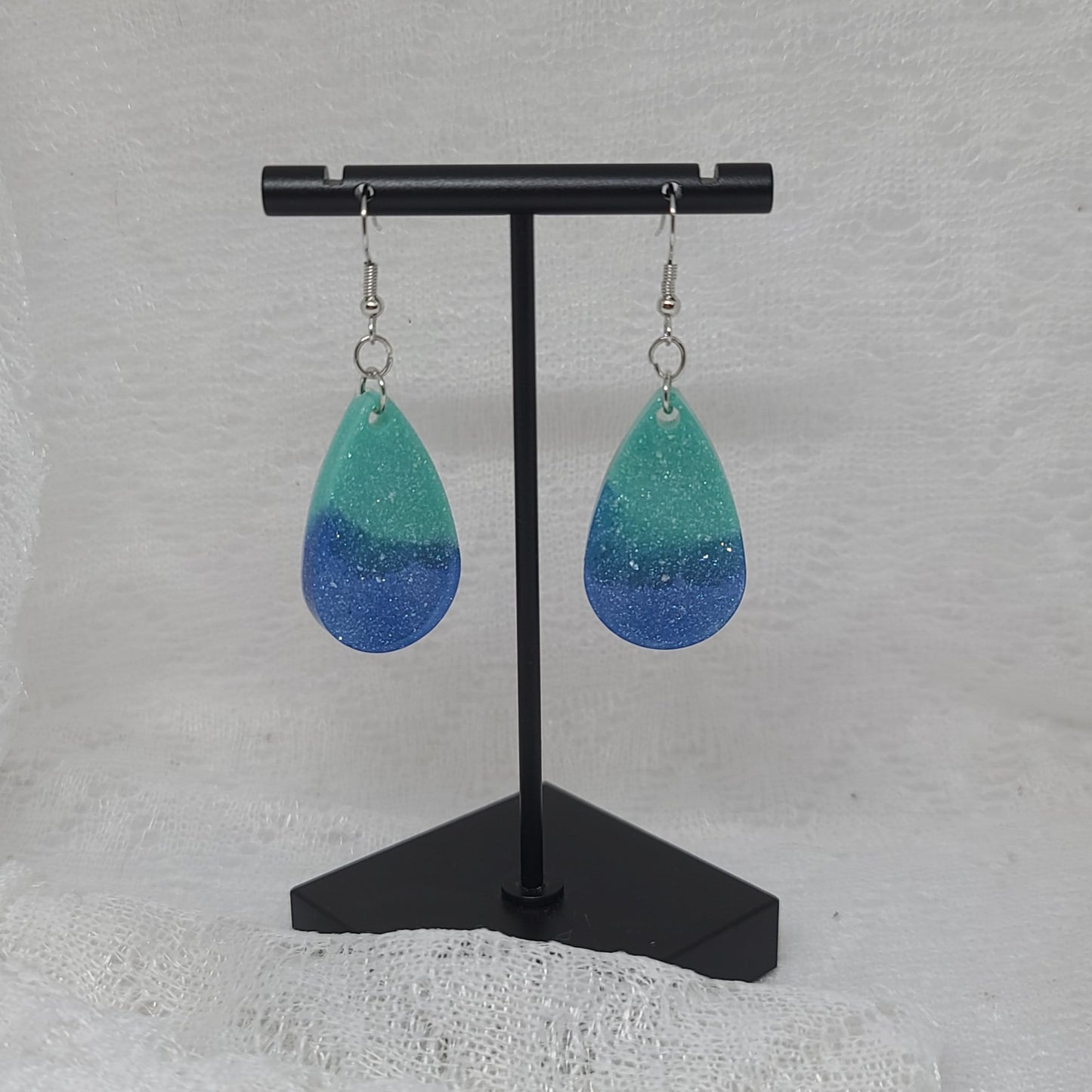 Blue Glitter Two-tone Teardrop Earrings