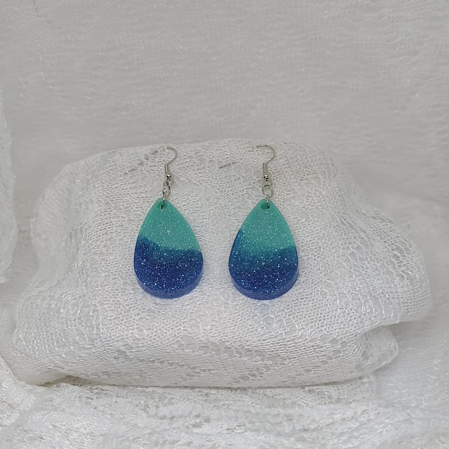 Blue Glitter Two-tone Teardrop Earrings