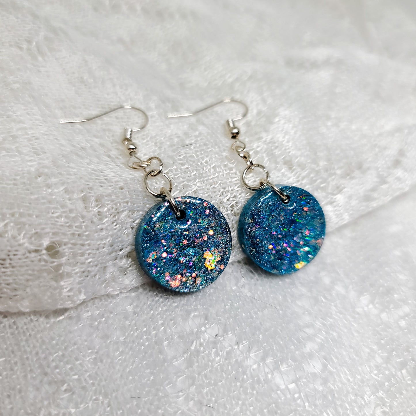 Blue Iridescent Glitter Round Dangle Earrings