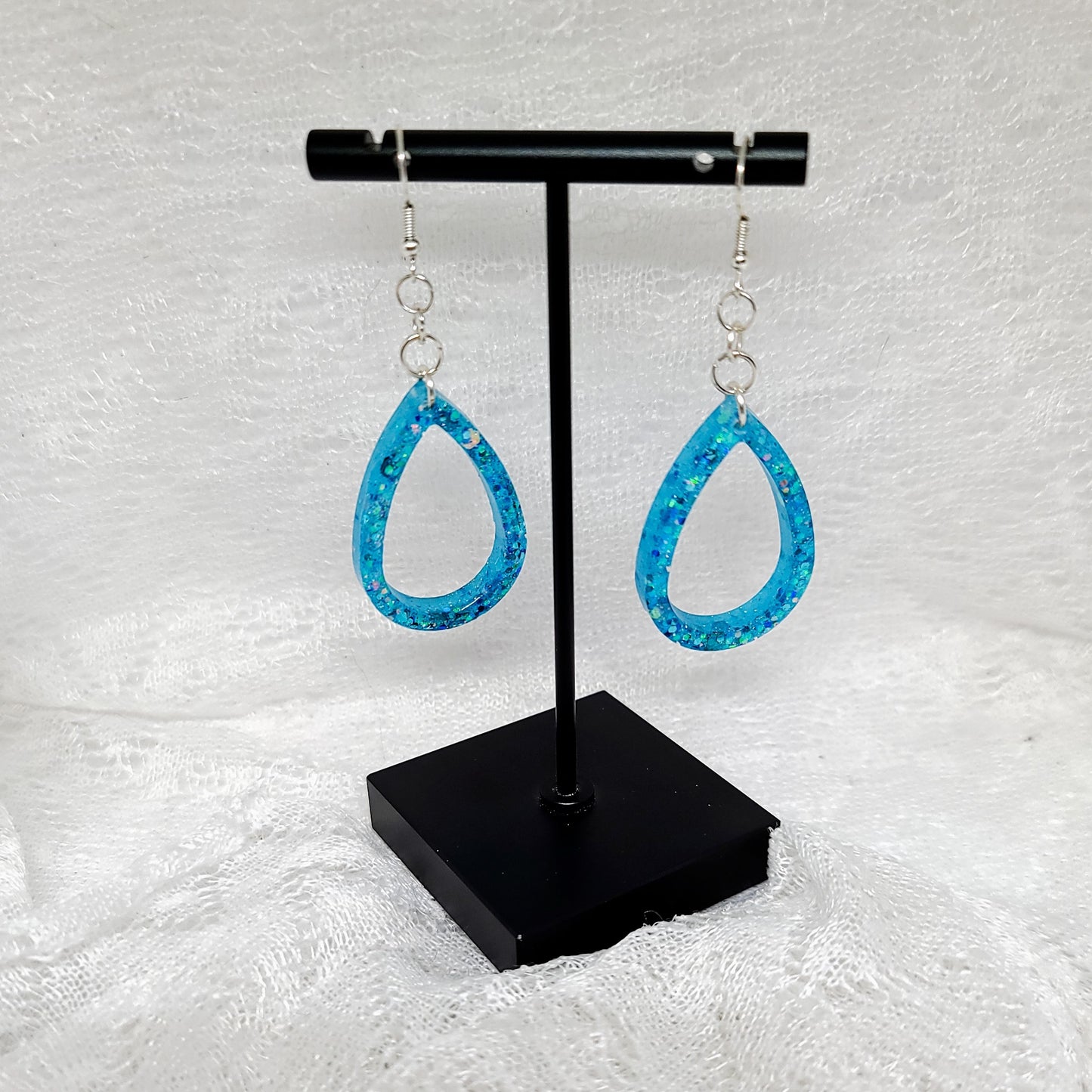 Blue Glitter Small Teardrop Hoop Earrings