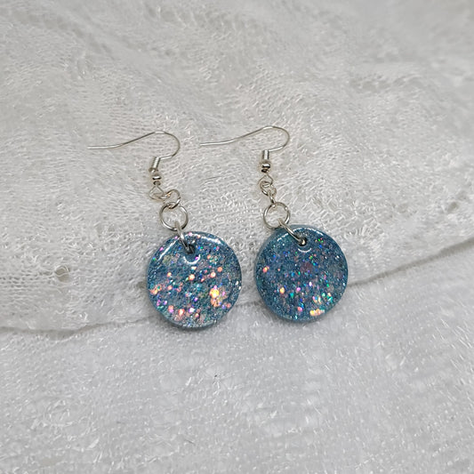 Blue Iridescent Glitter Round Dangle Earrings