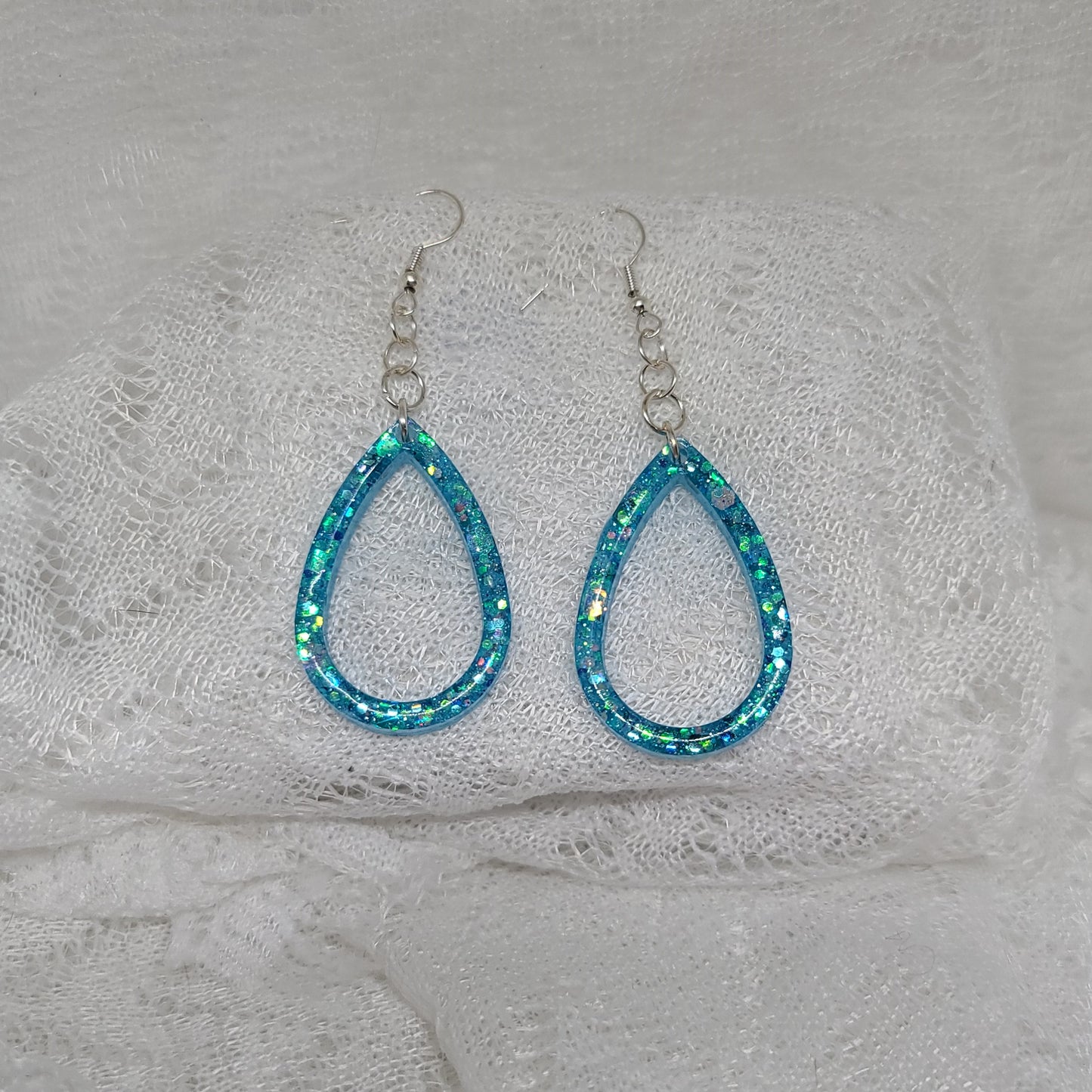 Blue Glitter Small Teardrop Hoop Earrings