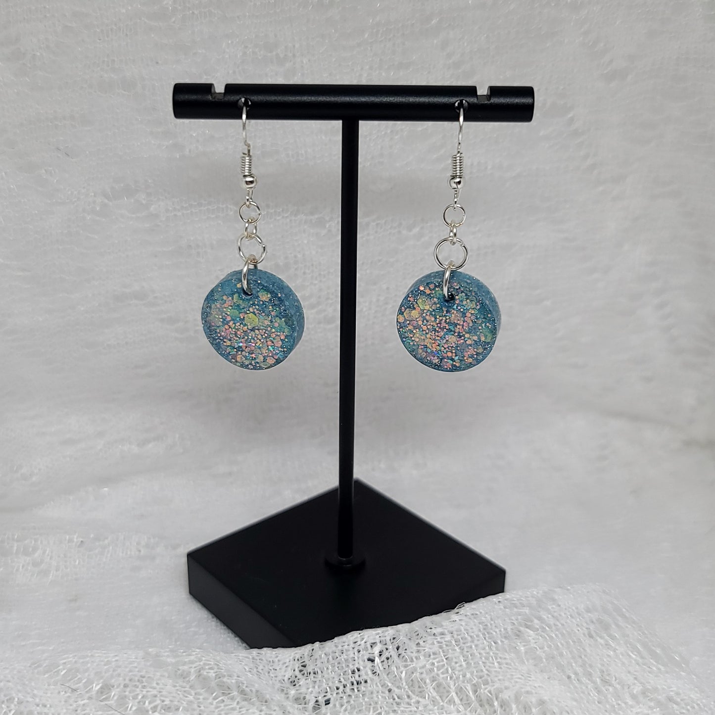 Blue Iridescent Glitter Round Dangle Earrings