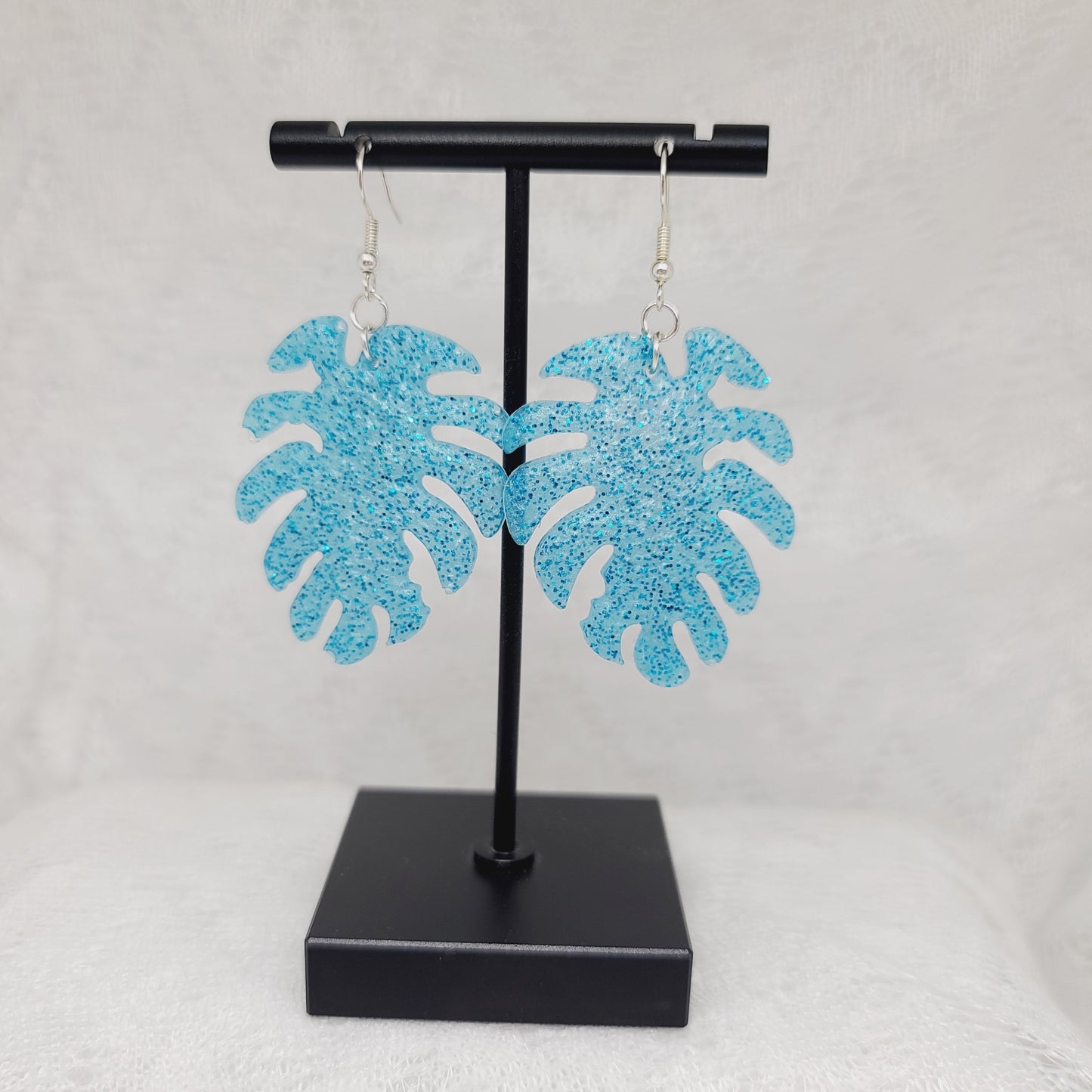 Blue Glitter Monstera Leaf Earrings