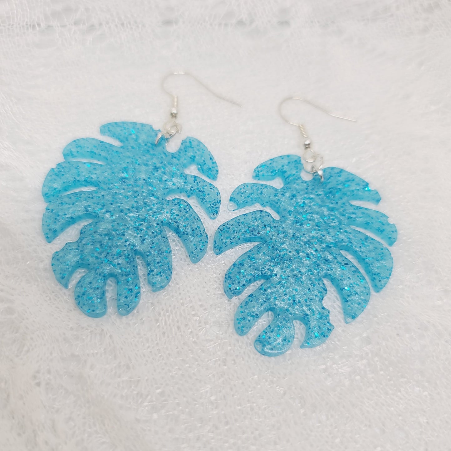 Blue Glitter Monstera Leaf Earrings