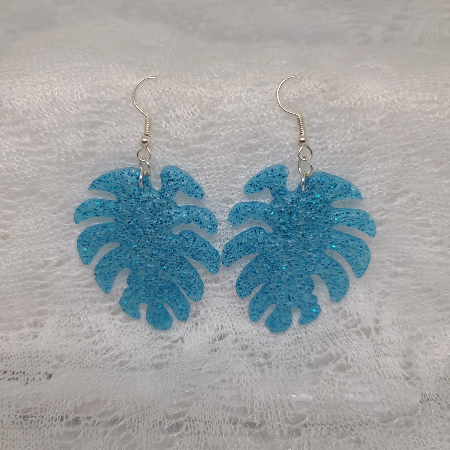 Blue Glitter Monstera Leaf Earrings