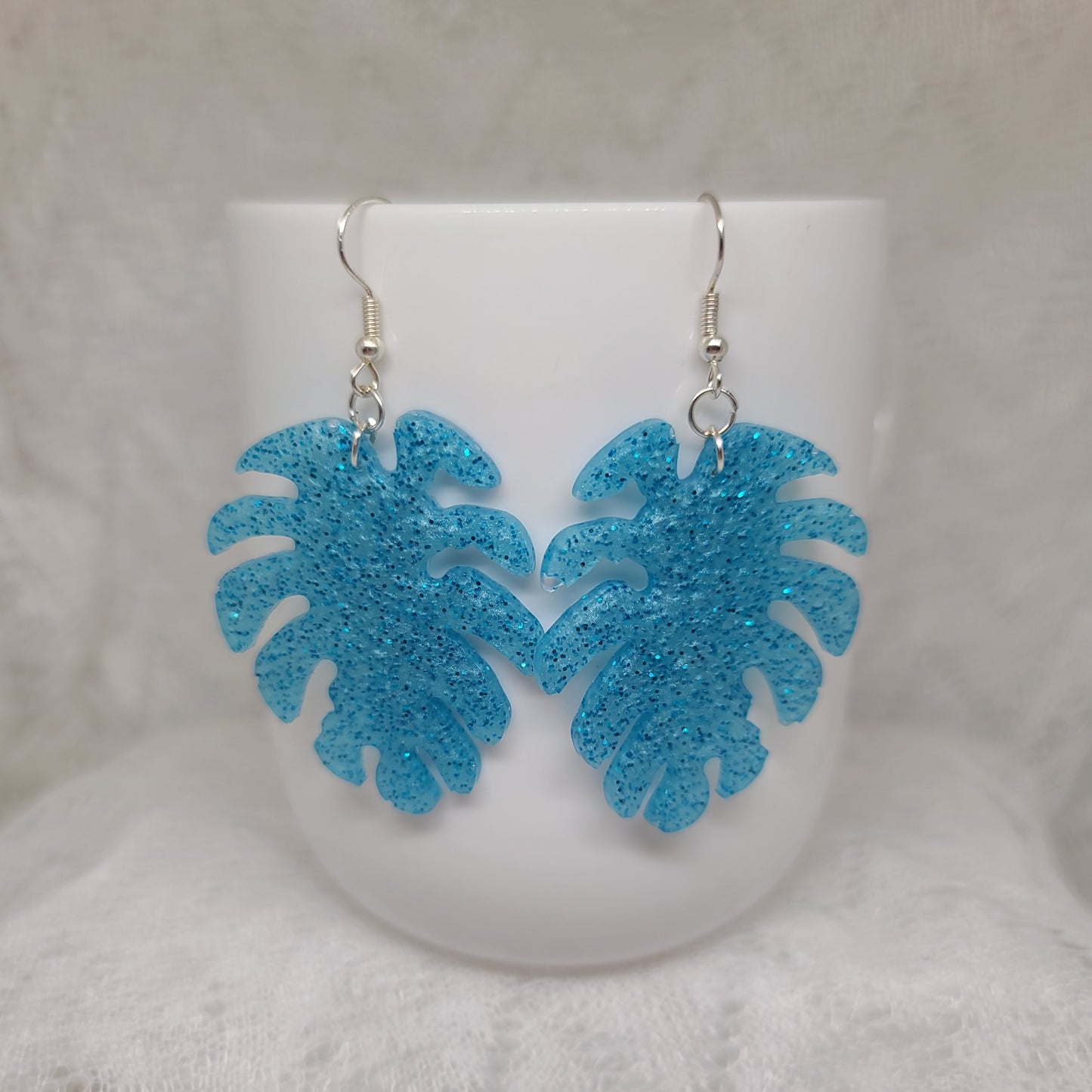 Blue Glitter Monstera Leaf Earrings