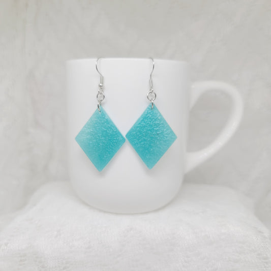 Aqua Blue Triangle Dangle Earrings, Diamond Shaped Blue Glitter