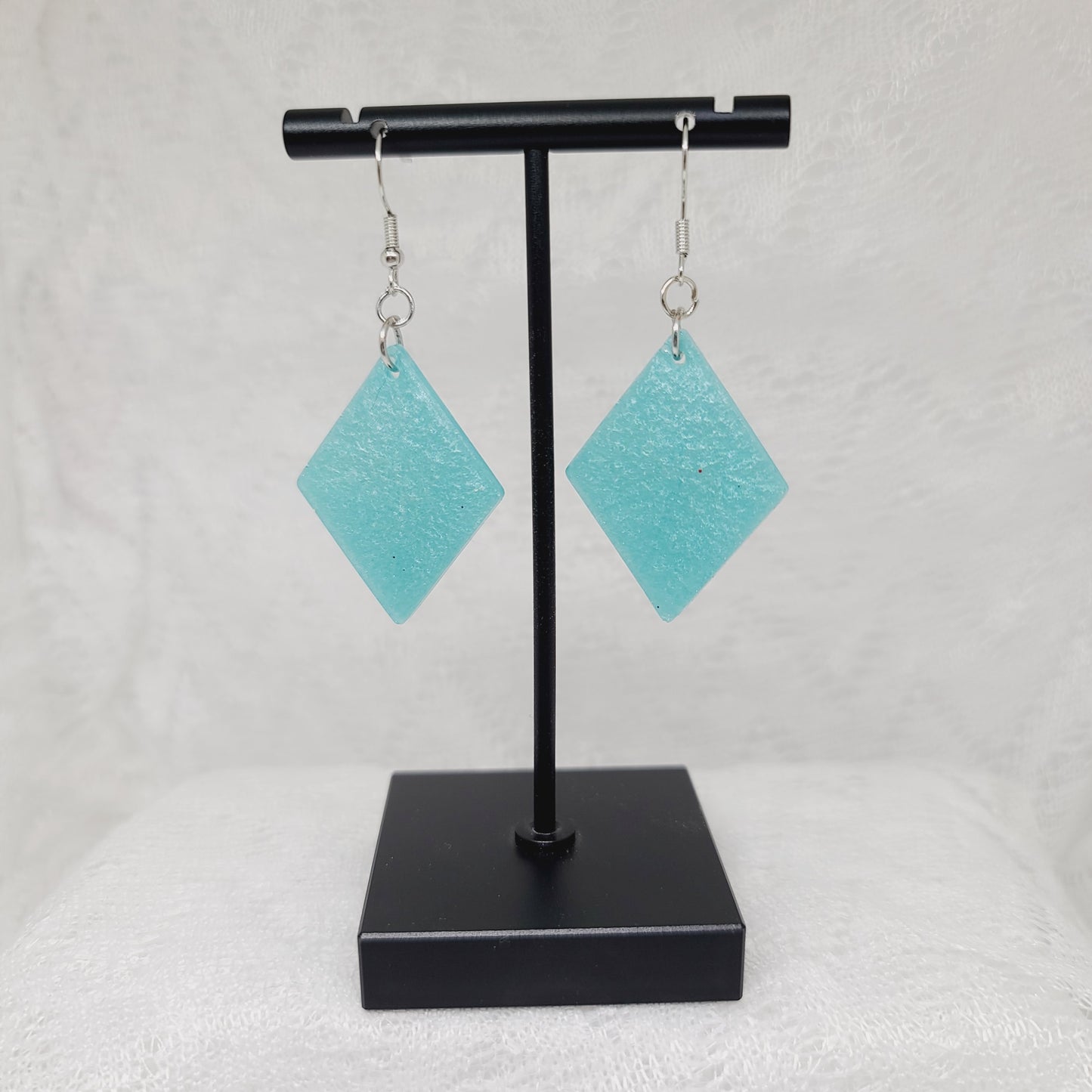 Aqua Blue Triangle Dangle Earrings, Diamond Shaped Blue Glitter