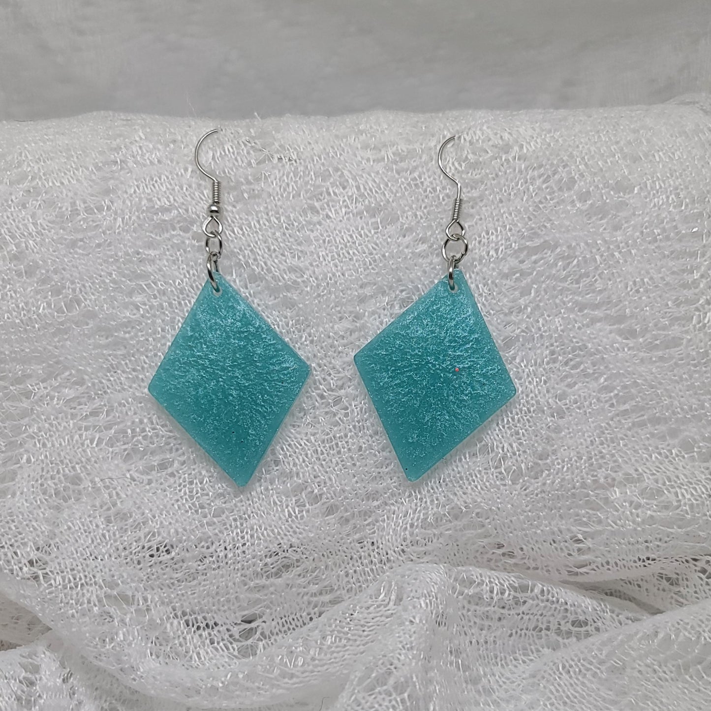 Aqua Blue Triangle Dangle Earrings, Diamond Shaped Blue Glitter