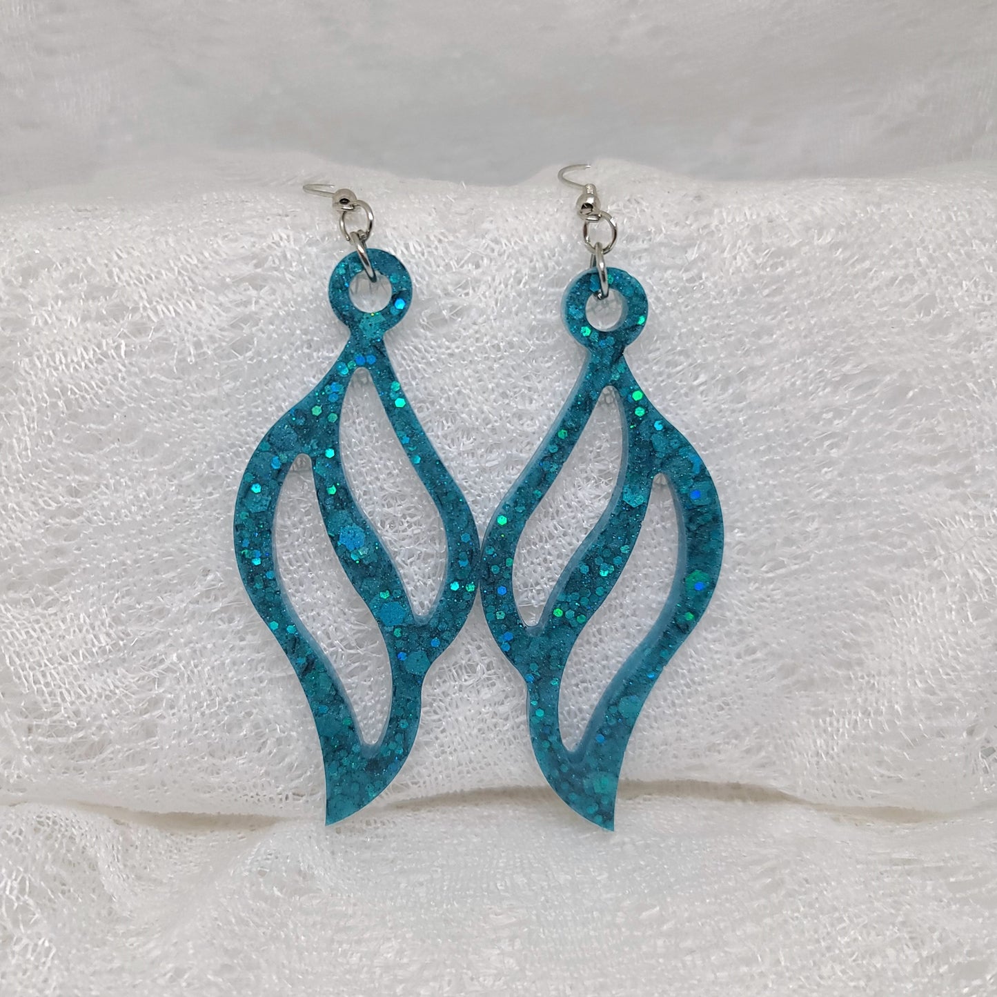 Blue Glitter Feather Shaped Dangle Statement Earrings, Wing Shaped