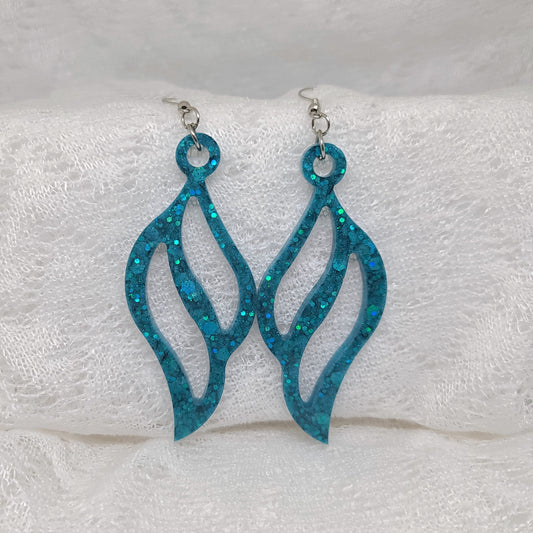 Blue Glitter Feather Shaped Dangle Statement Earrings, Wing Shaped