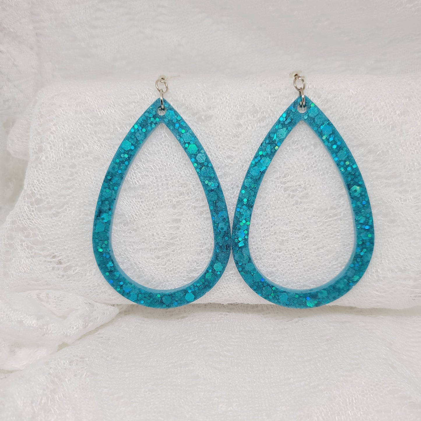 Aqua Blue Chunky Glitter Larger Teardrop Hoop Earrings