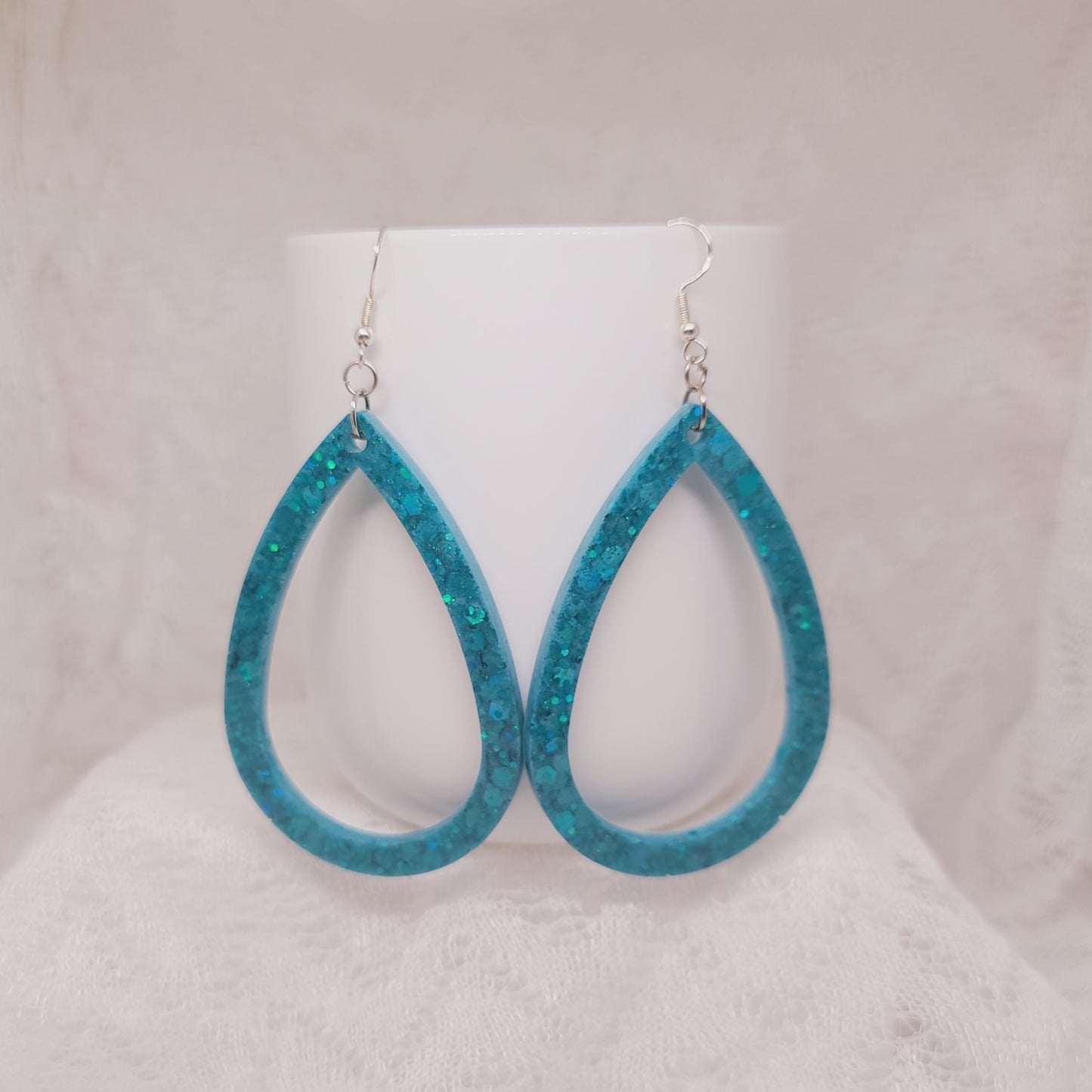 Aqua Blue Chunky Glitter Larger Teardrop Hoop Earrings