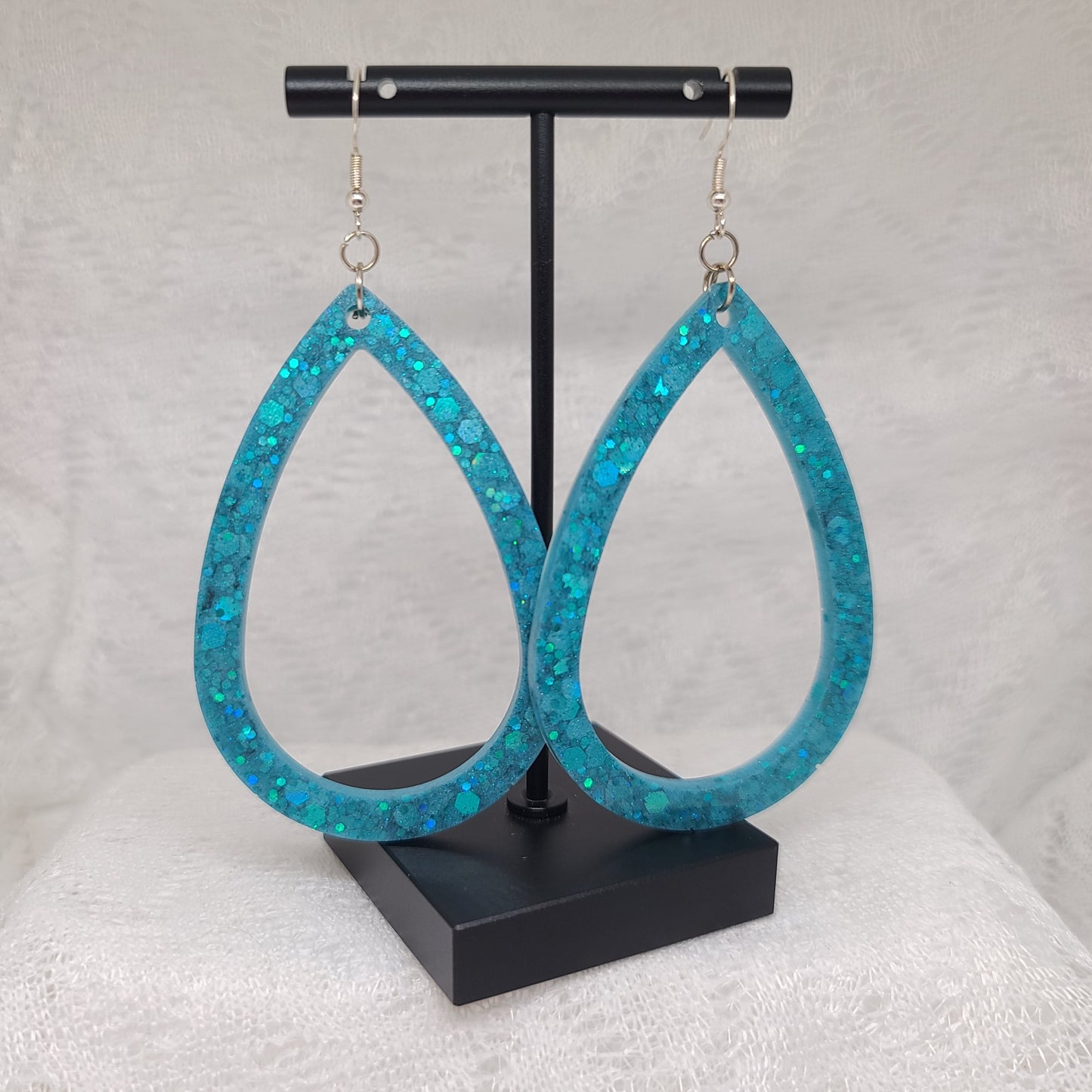 Aqua Blue Chunky Glitter Larger Teardrop Hoop Earrings