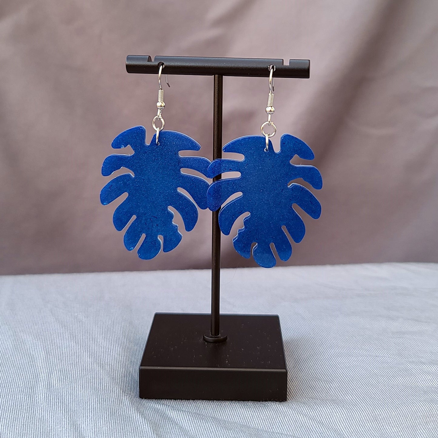 Blue Monstera Leaf Dangle Earrings