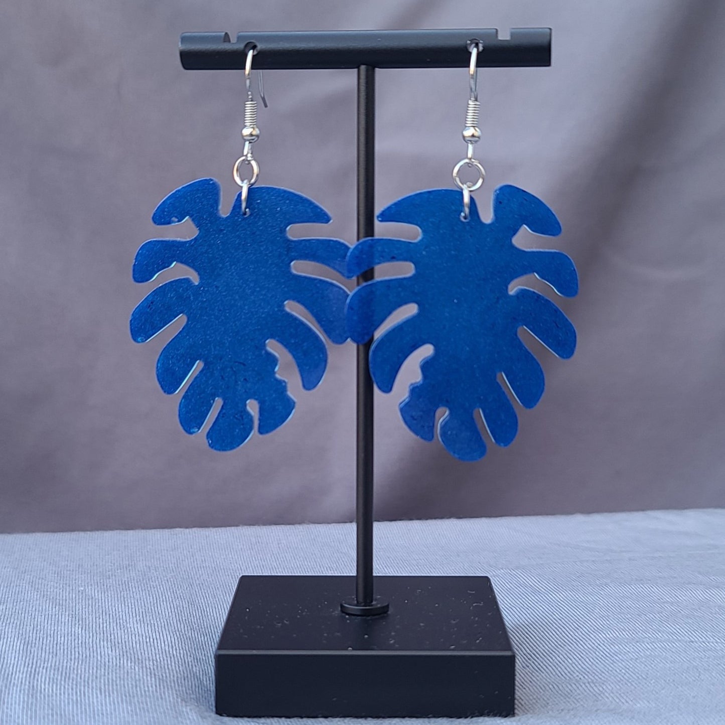 Blue Monstera Leaf Dangle Earrings