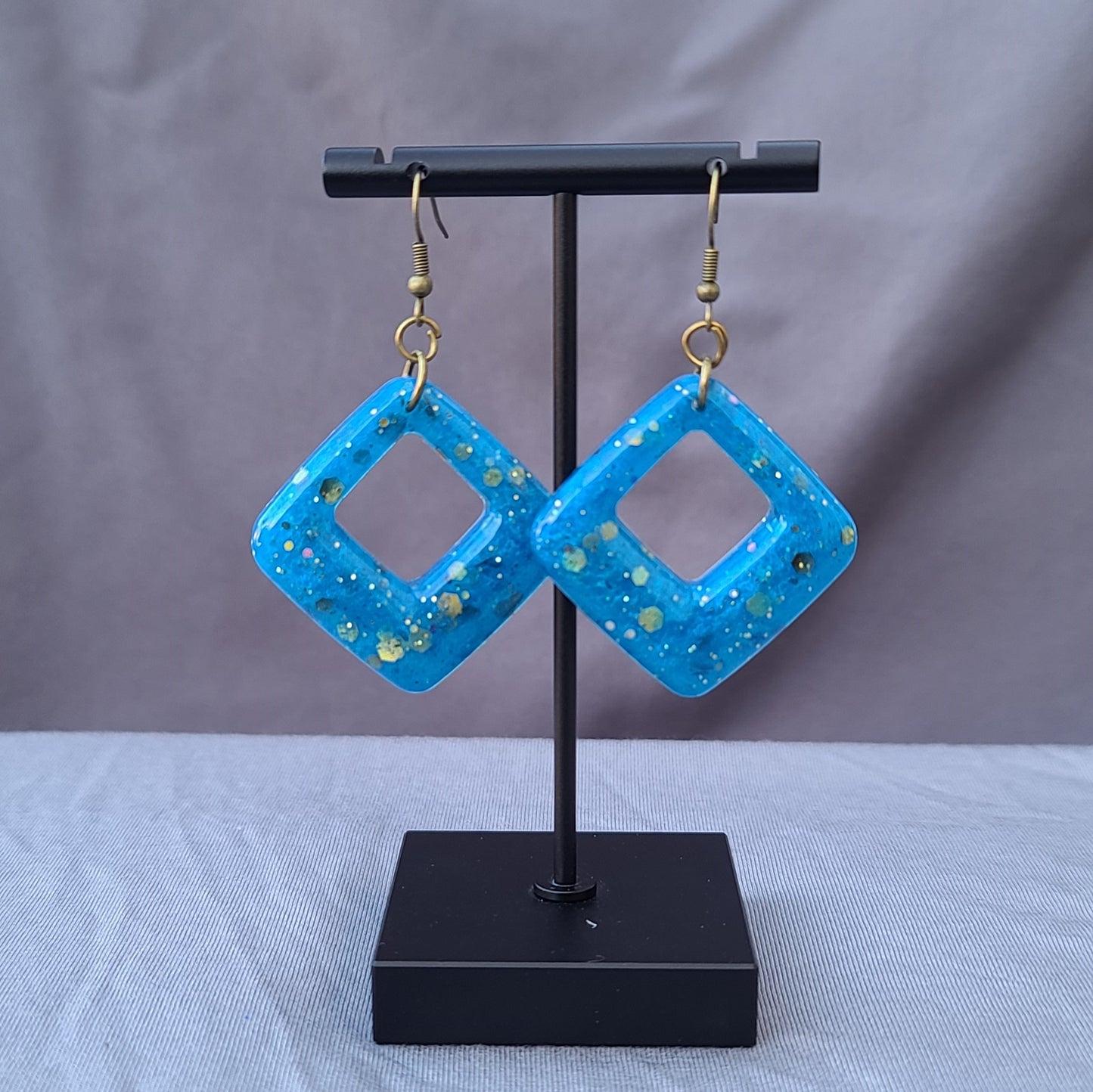 Blue Glitter Diamond Triangle Shaped Dangle Earrings