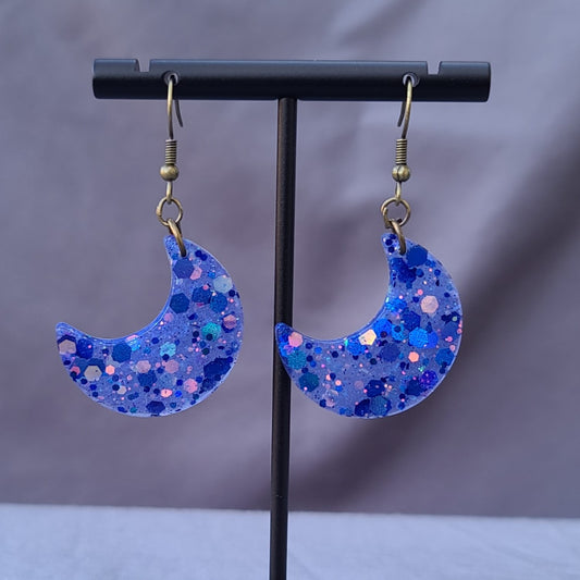 Blue Chunky Glitter Half Moon Dangle Earrings