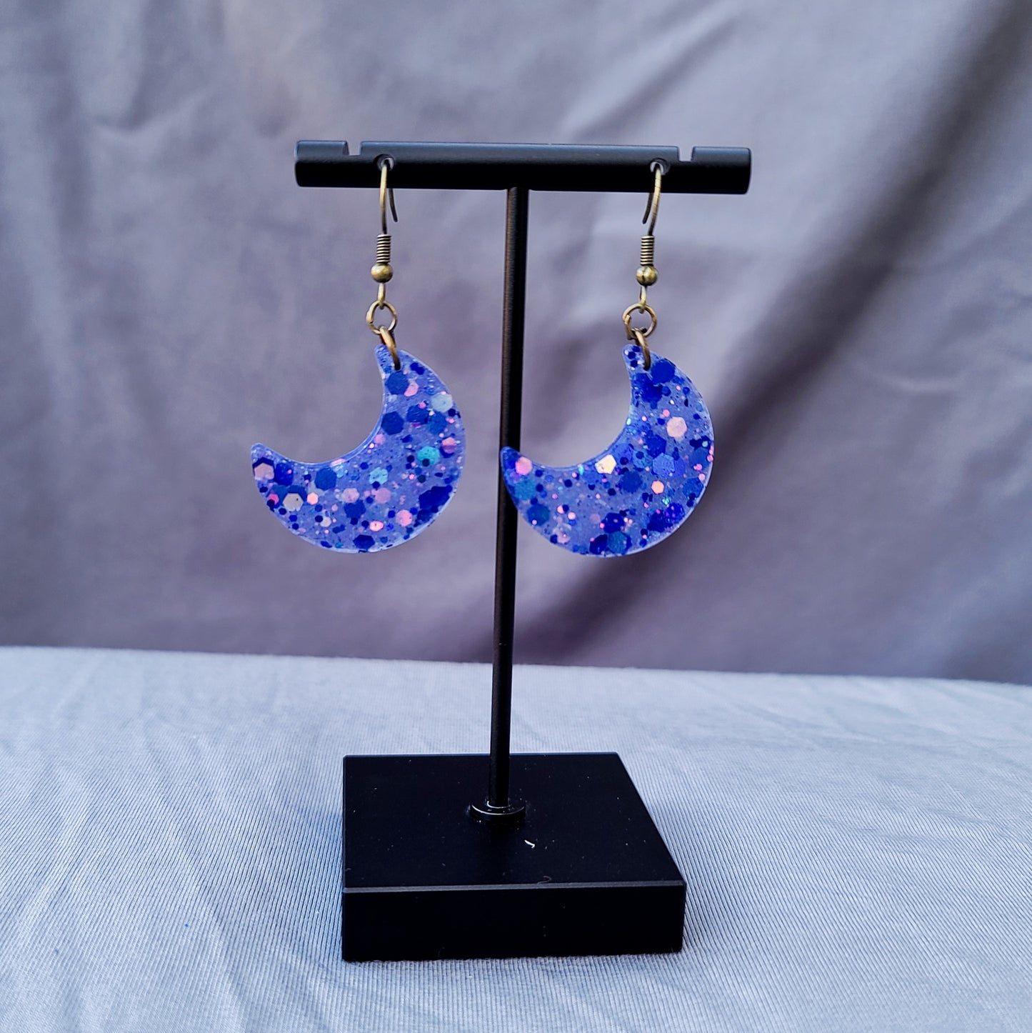 Blue Chunky Glitter Half Moon Dangle Earrings