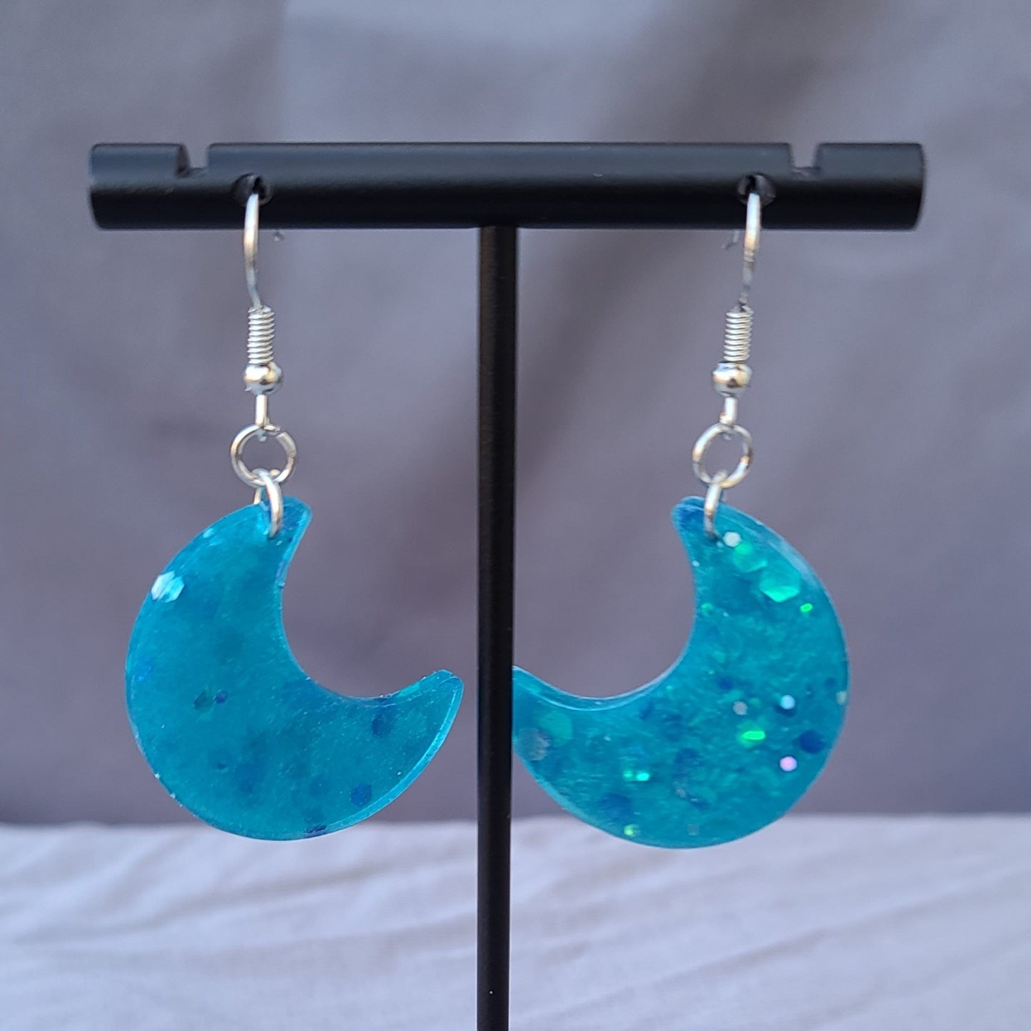 Blue Glitter Moon Dangle Earrings