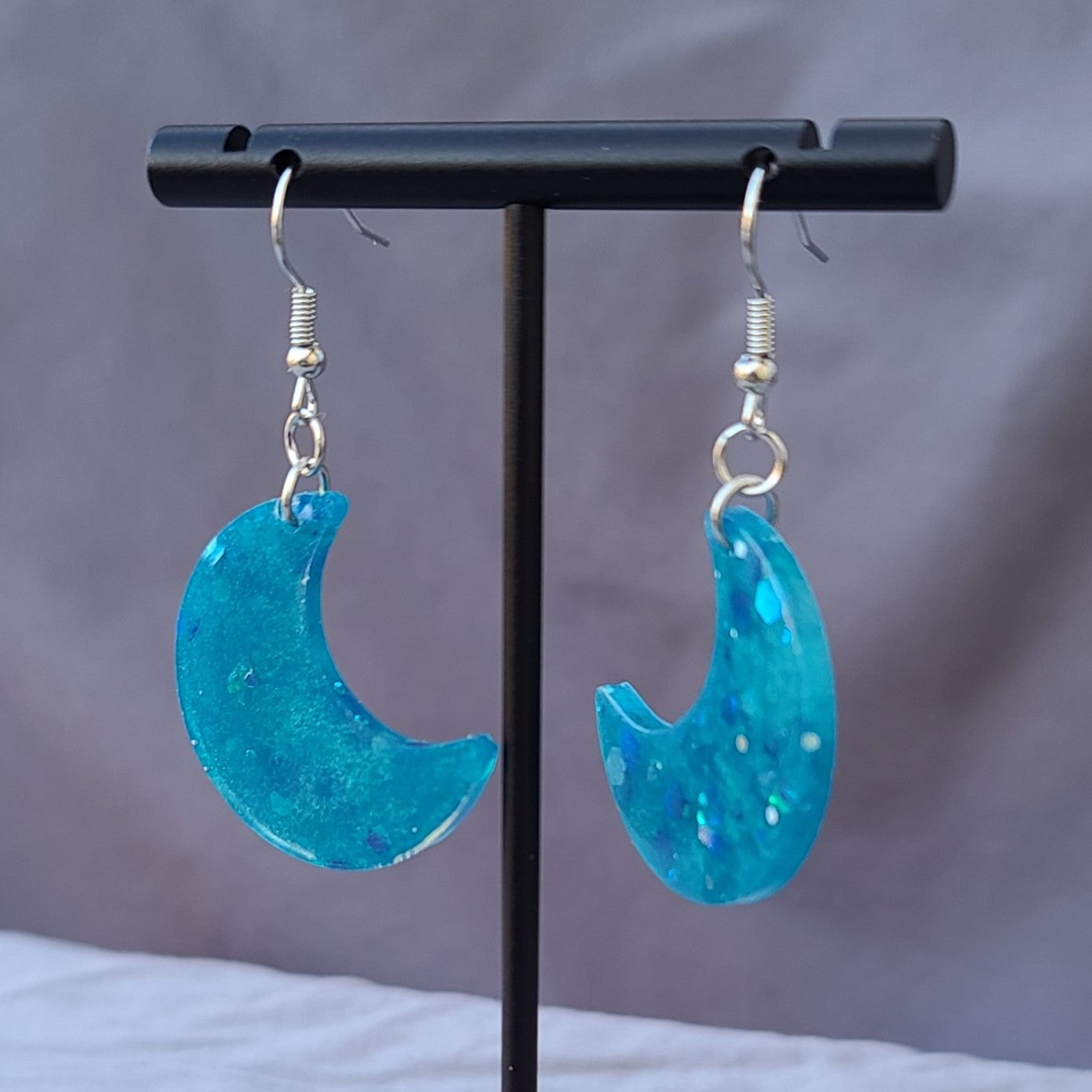 Blue Glitter Moon Dangle Earrings