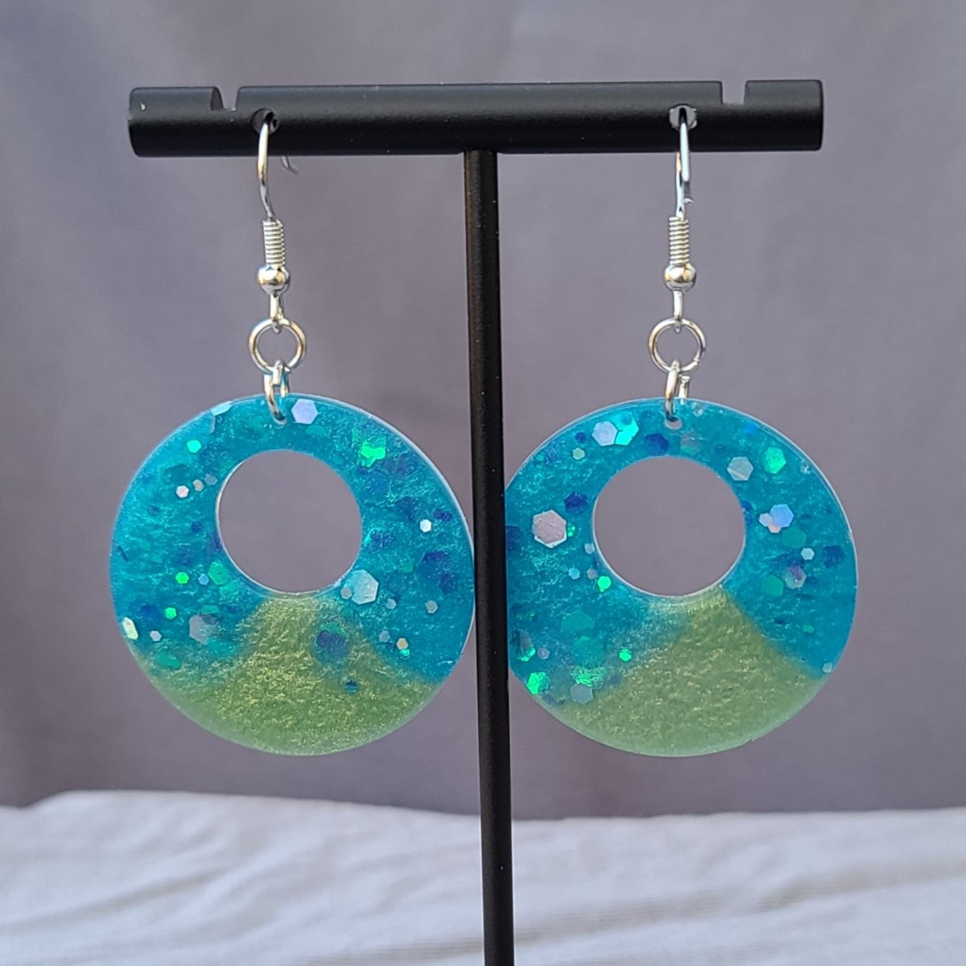 Blue Glitter & Green Round Dangles