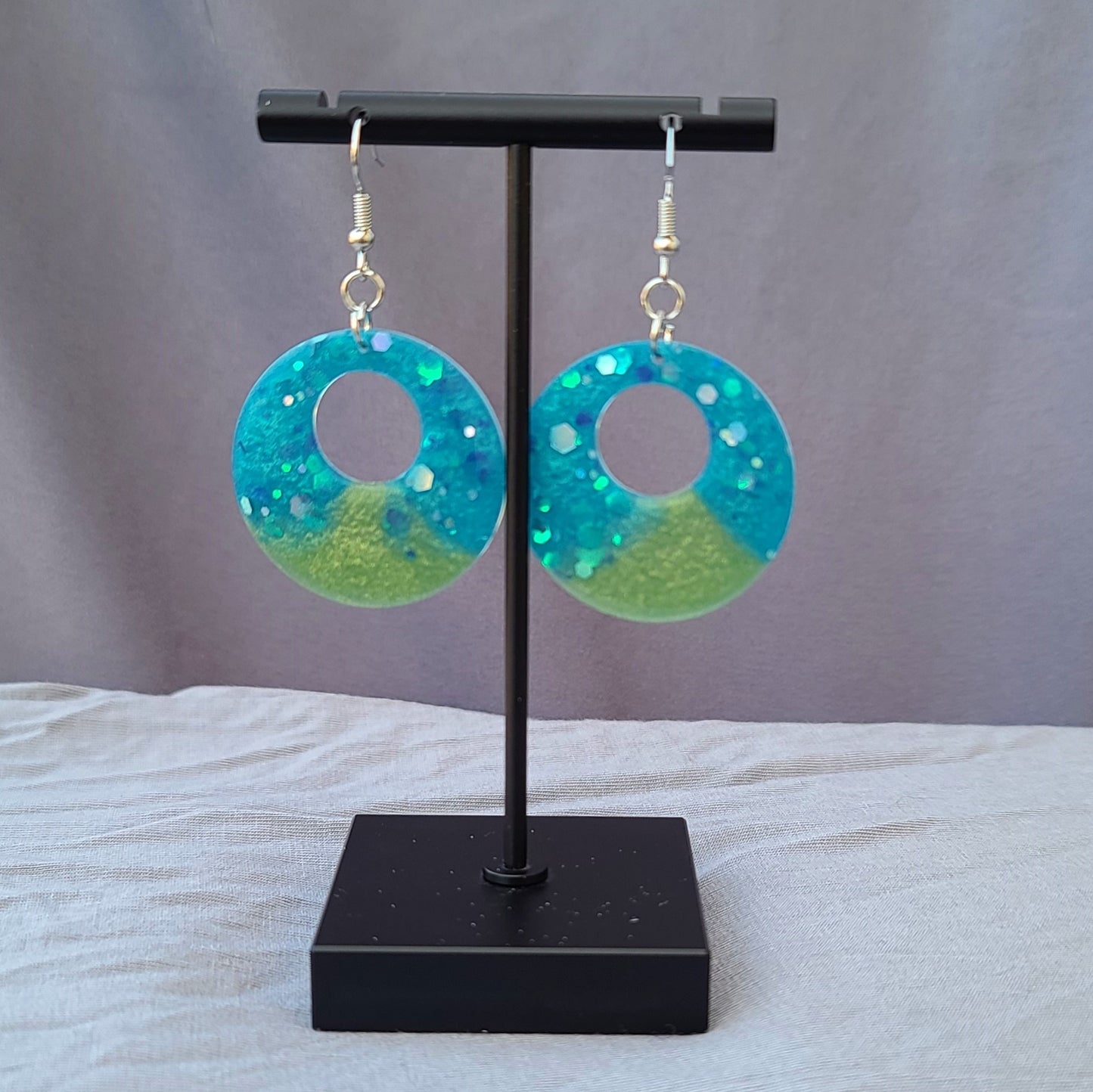 Blue Glitter & Green Round Dangles